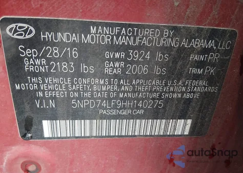 2017 Hyundai Elantra Se from USA, damaged, VIN 5NPD74LF9HH140275